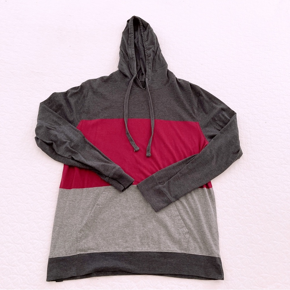 Shouthouse Mens L Lightweight Colorblock Hoodie Pullover Shirt Red Grey Charcoal